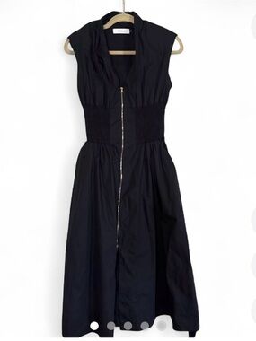 Black Cotton Sleeveless Zip-Front Midi Dress with POCKETS